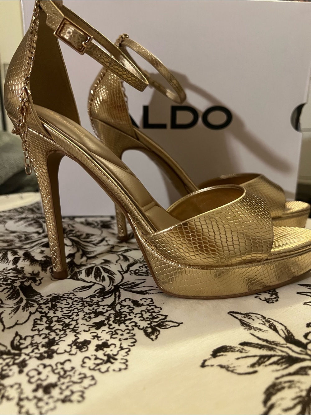 ALDO Gold Snake-Embossed Platform Ankle-Strap Heels